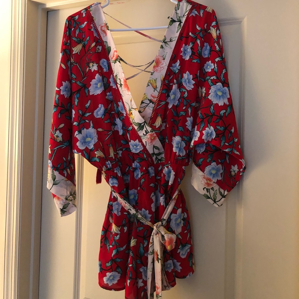 Red floral romper.